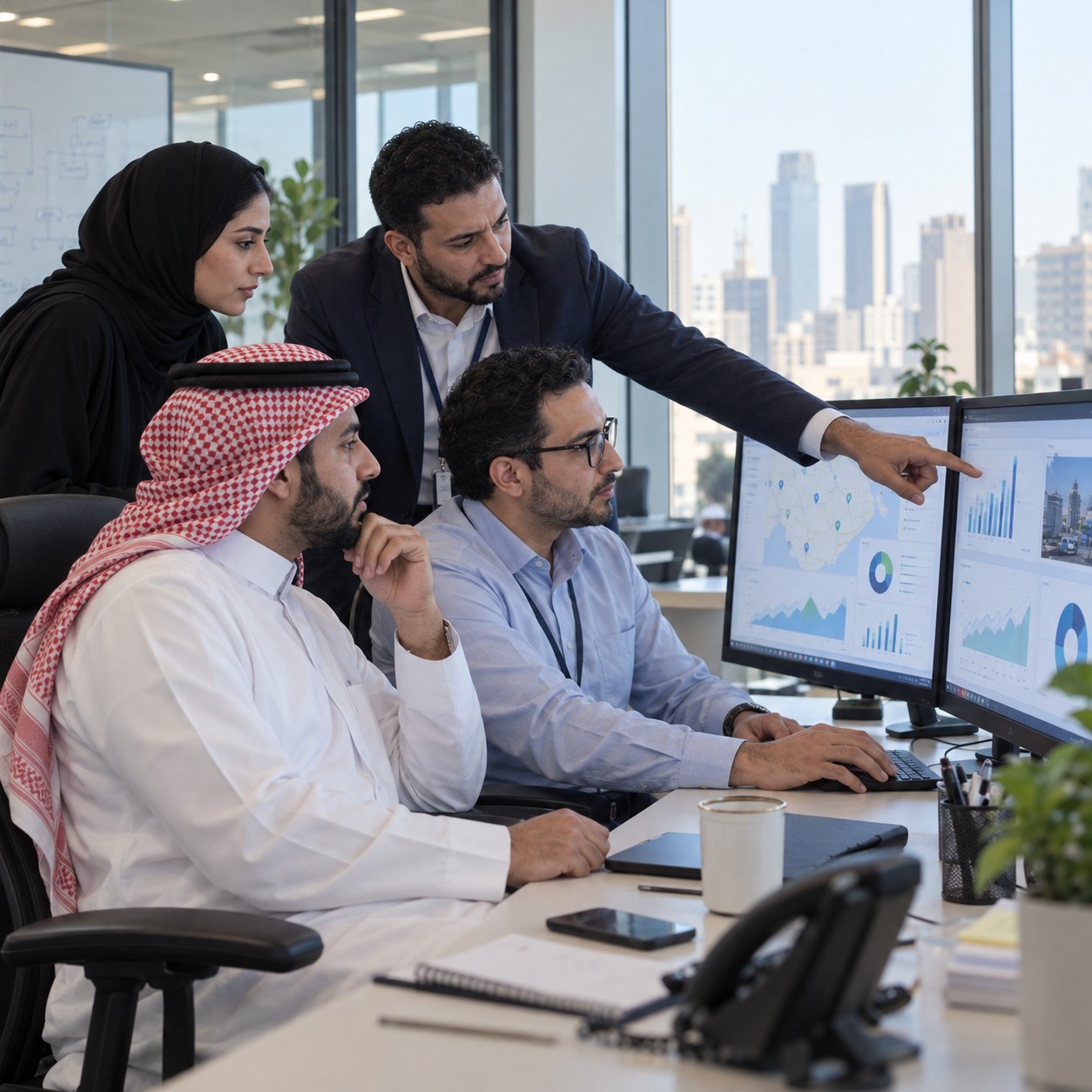 Saudi business leaders and a TechQode implementation team reviewing live operations dashboards together