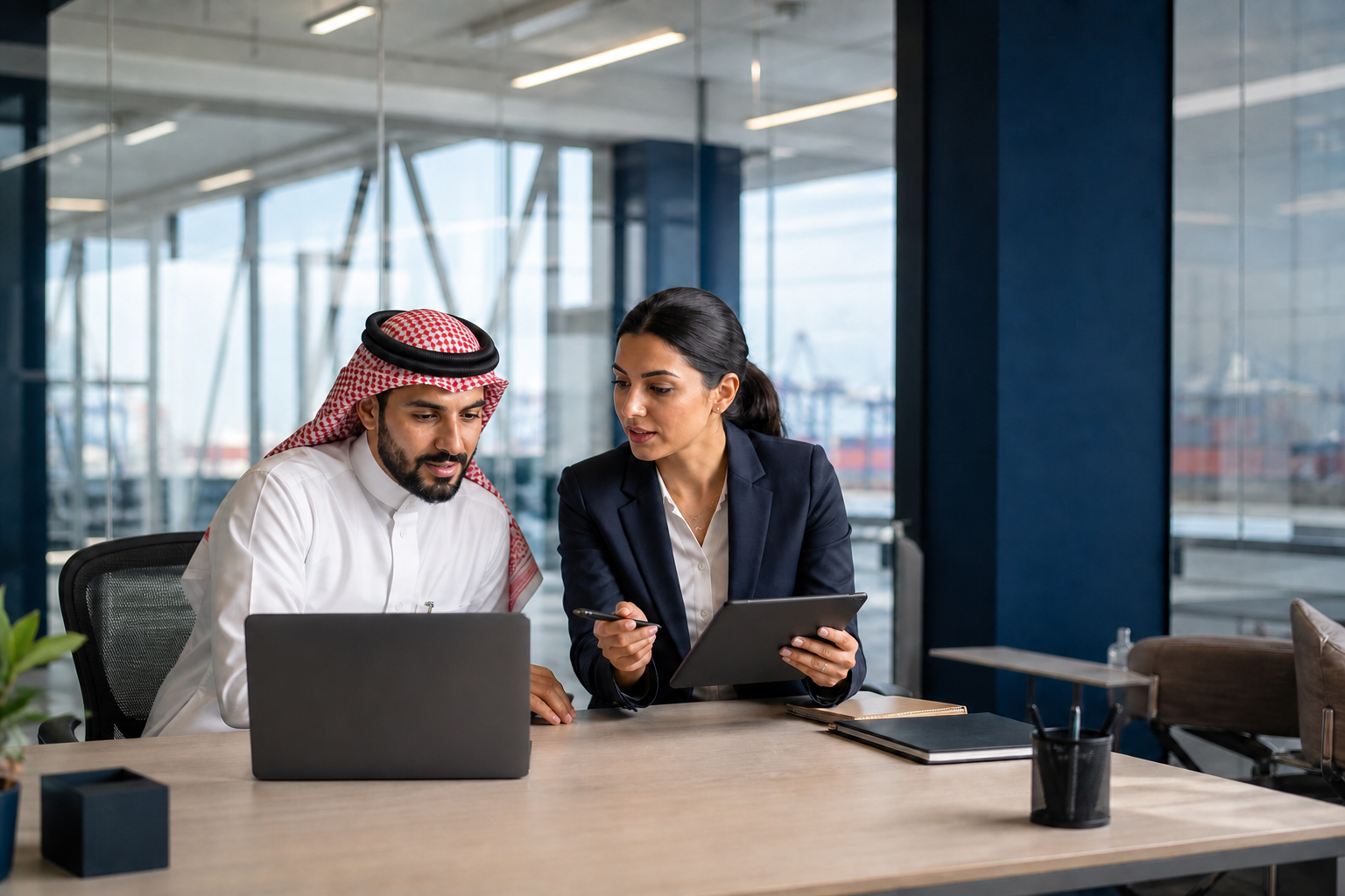 Business team reviewing an automation workflow on a laptop and tablet