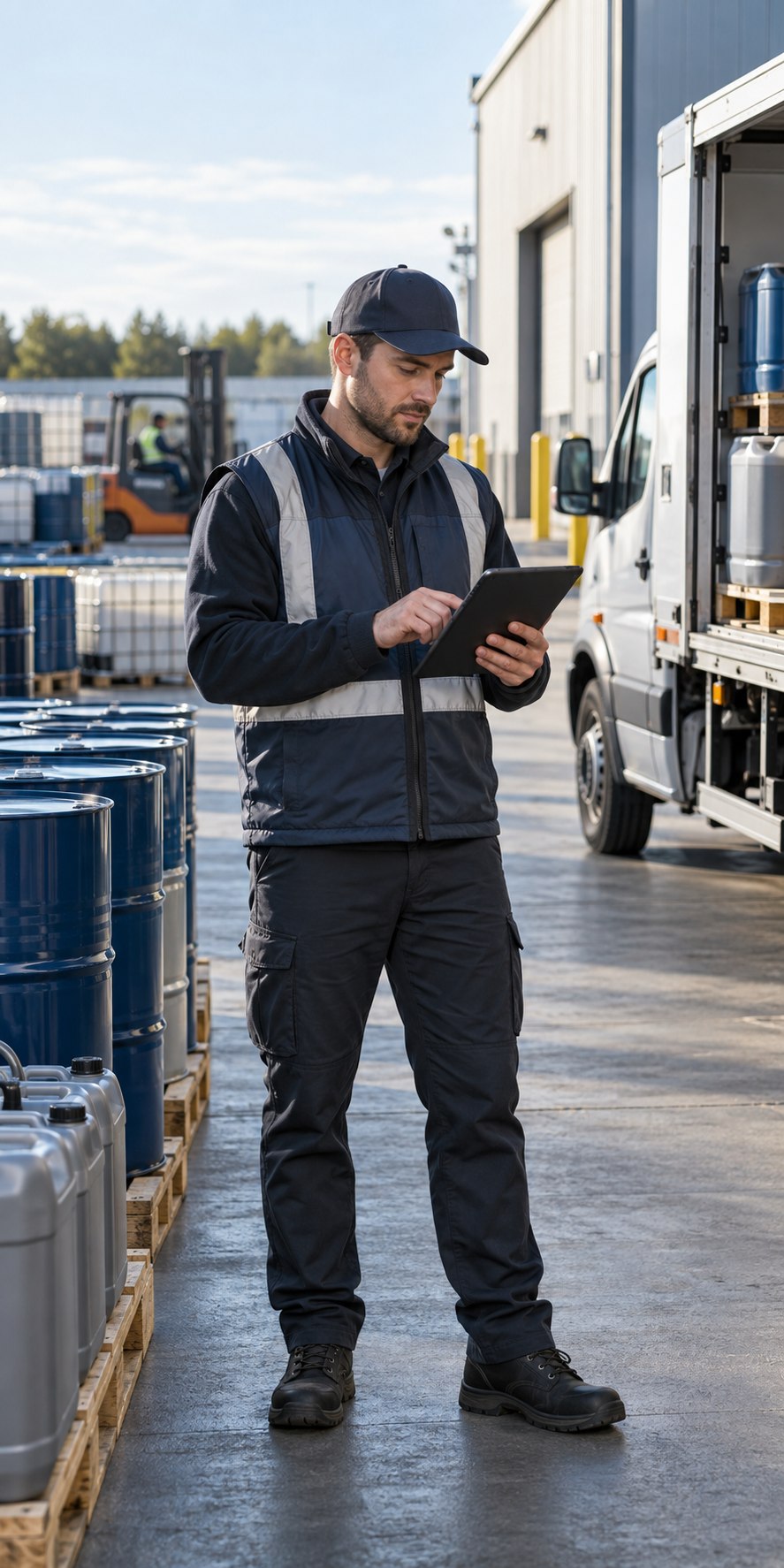 Petroleum and lubricants field representative using a mobile device beside delivery stock and a vehicle