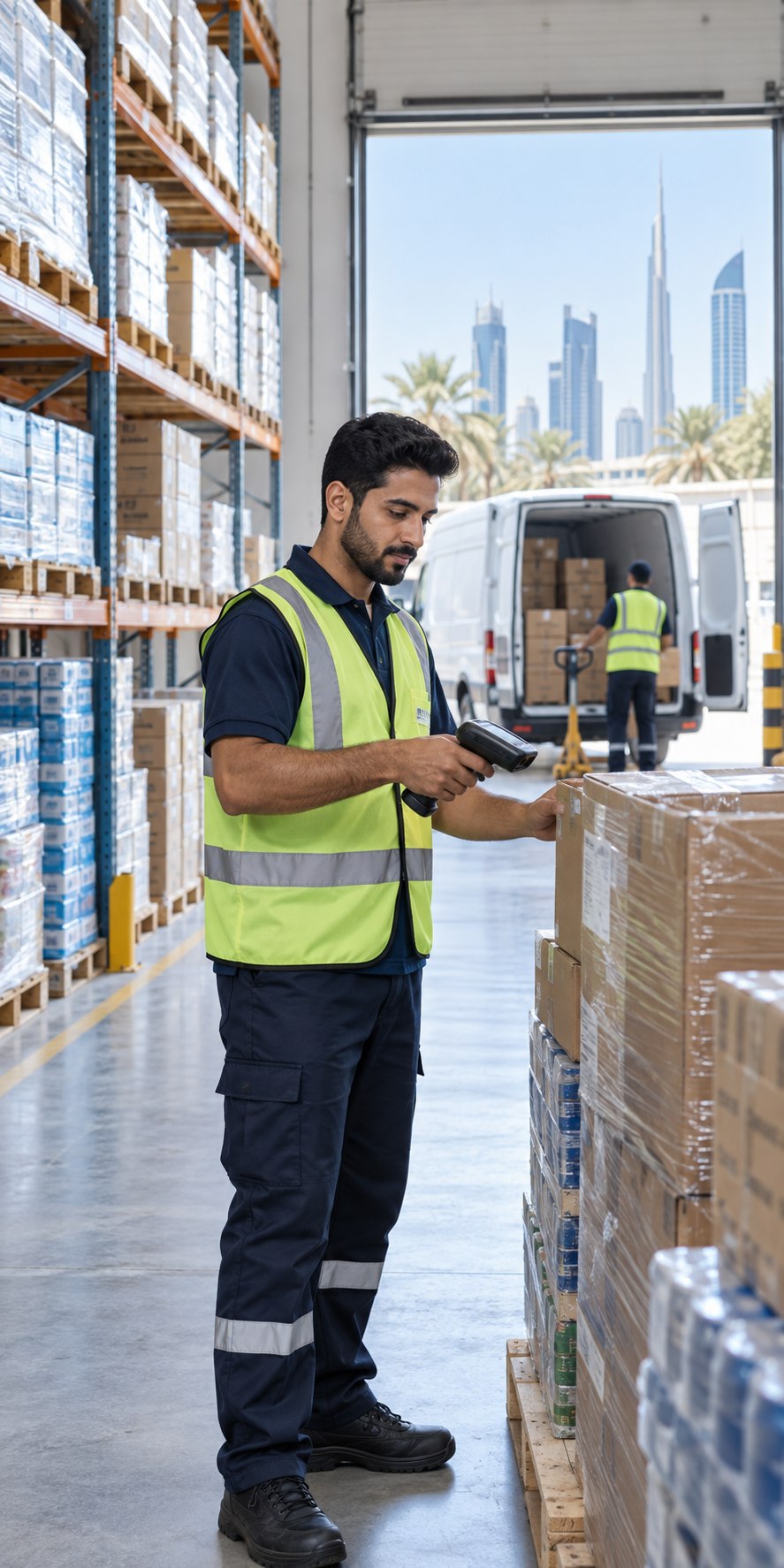 Wholesale distribution worker scanning packaged stock beside a delivery van at a GCC warehouse