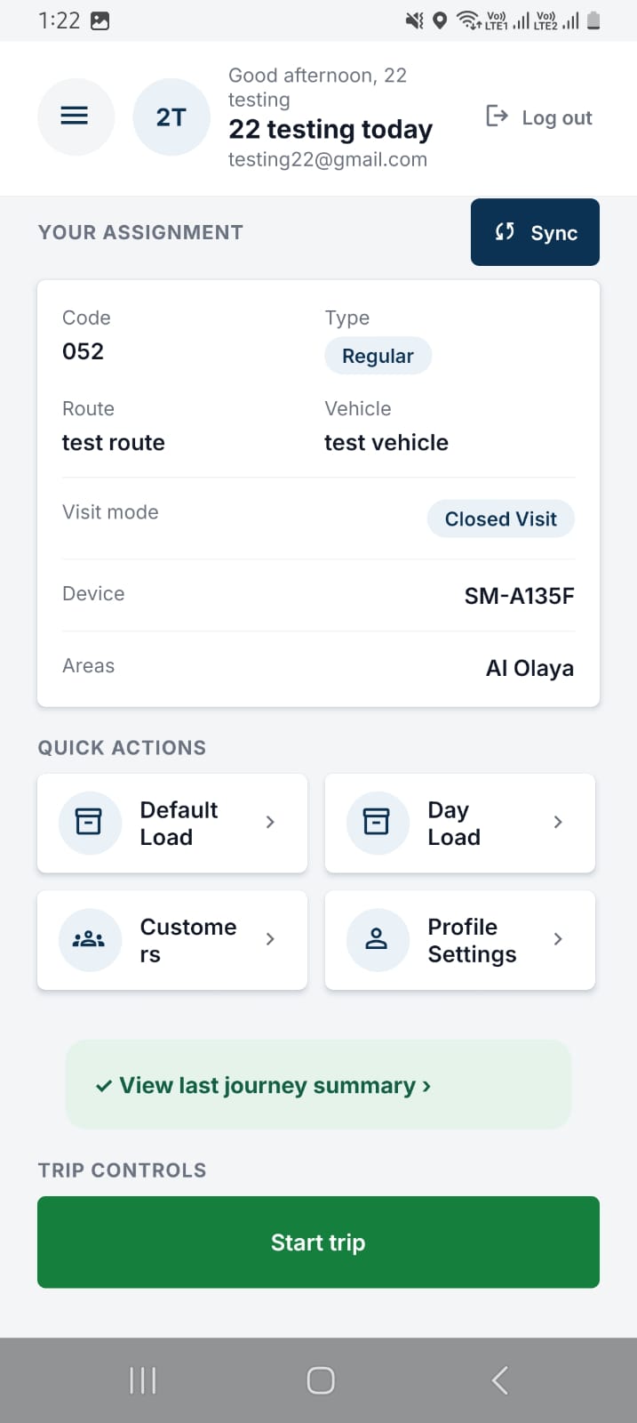 NobleSFA mobile assignment screen with route, vehicle, quick actions, and trip controls