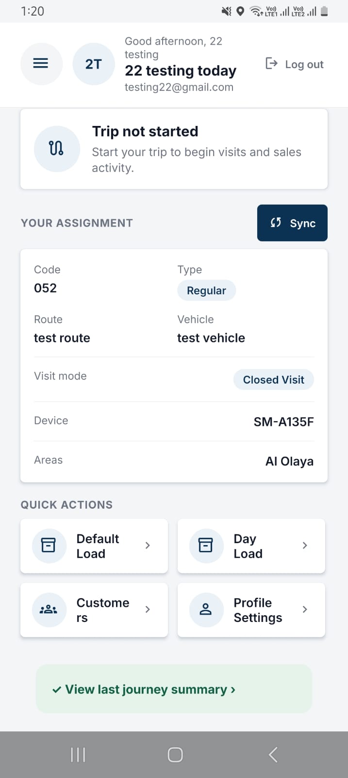 NobleSFA Android assignment screen before a field trip begins