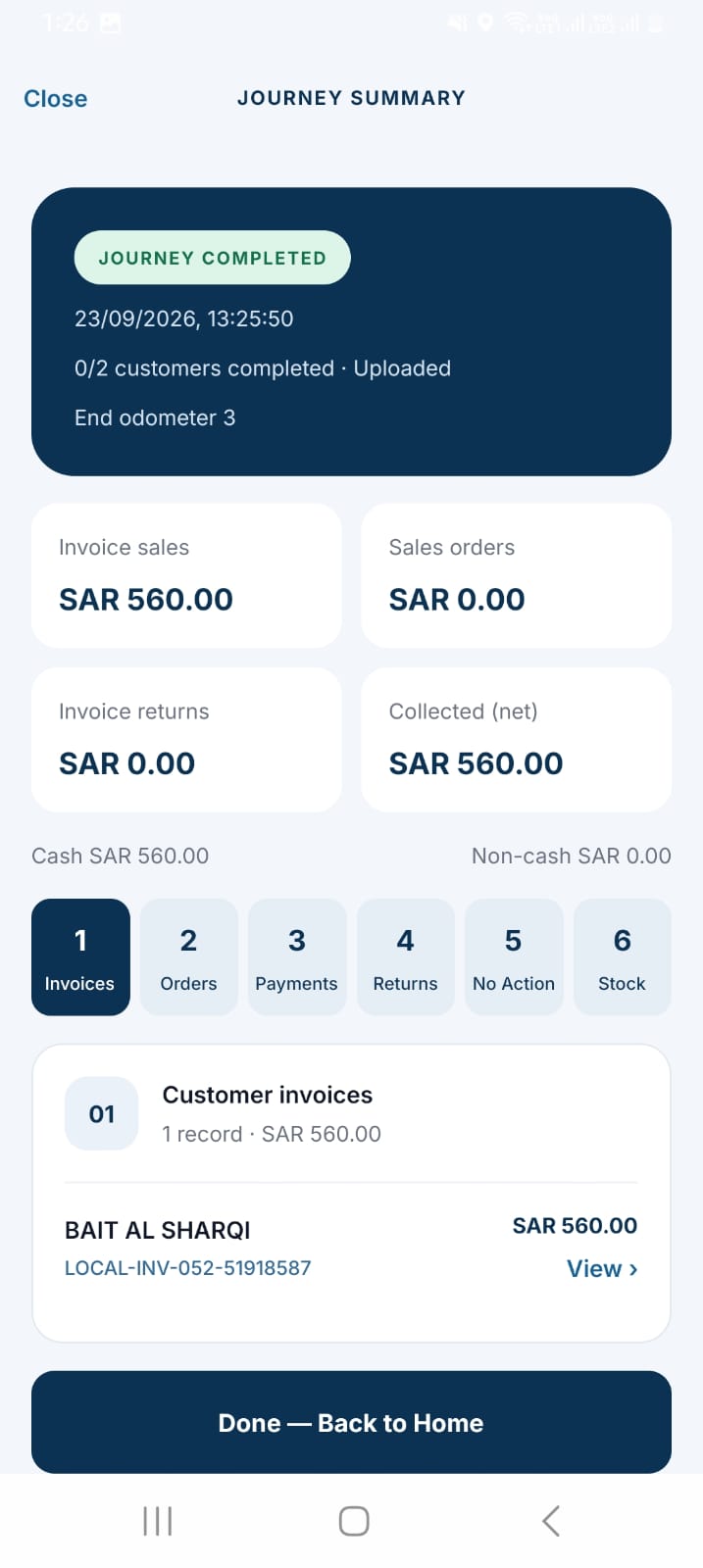 NobleSFA mobile journey summary with invoice sales, collections, and customer invoices