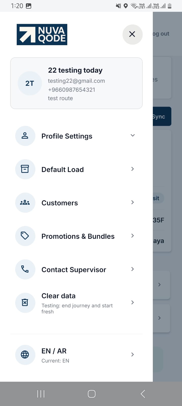 NobleSFA Android navigation for profile, loads, customers, promotions, supervisor contact, and language
