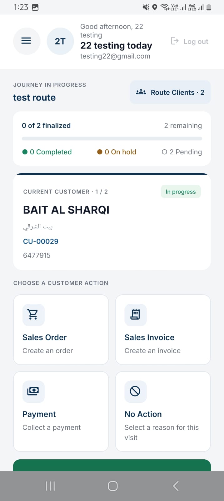 NobleSFA mobile route screen with customer details and sales actions