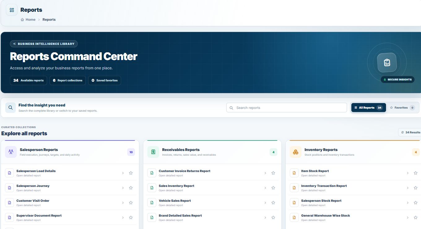 NobleSFA reports command center with sales, receivables, and inventory report collections