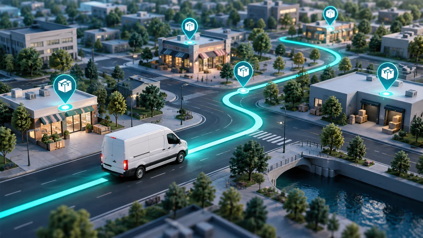 Delivery van following an optimised route between customer stops