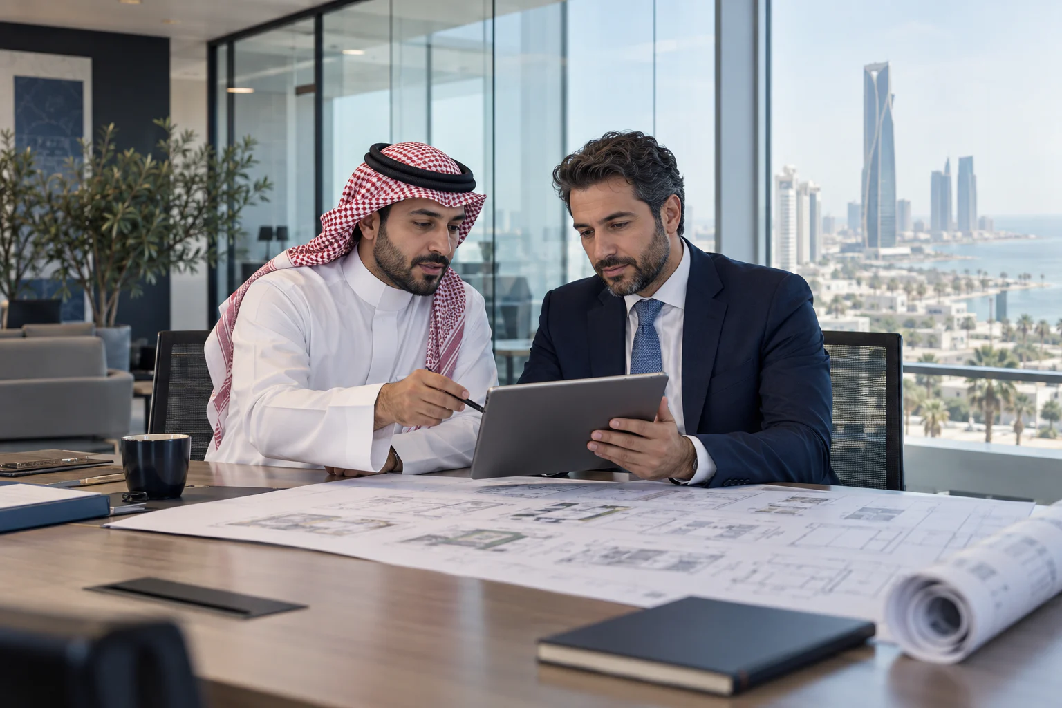 Saudi business leader and technology consultant reviewing an integrated systems plan