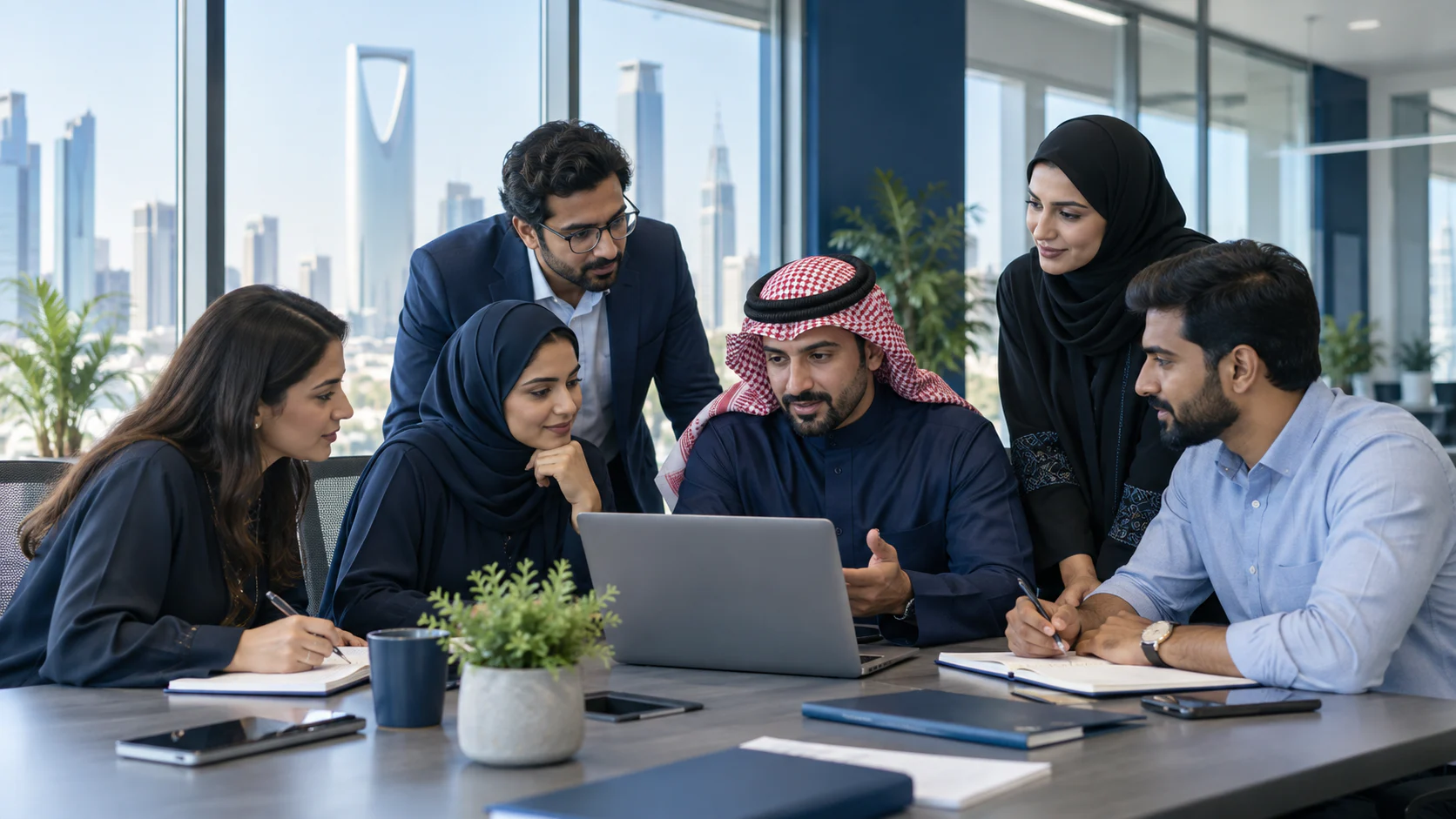 Saudi and Pakistani technology team collaborating around a shared table
