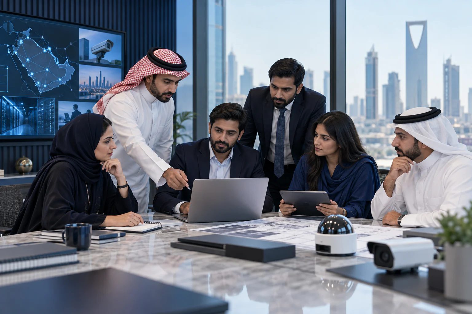 Saudi and Pakistani technology specialists coordinating across the connected group