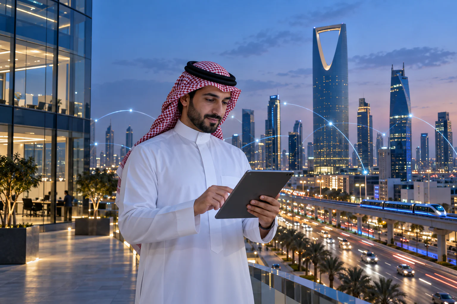 Saudi professional using digital technology against a connected Riyadh skyline