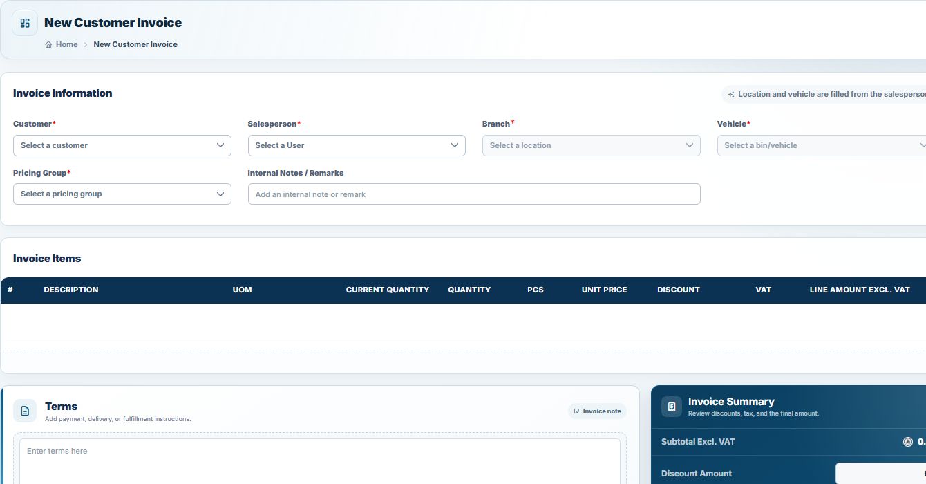SFA invoice creation screen with customer, vehicle, VAT and invoice total fields.